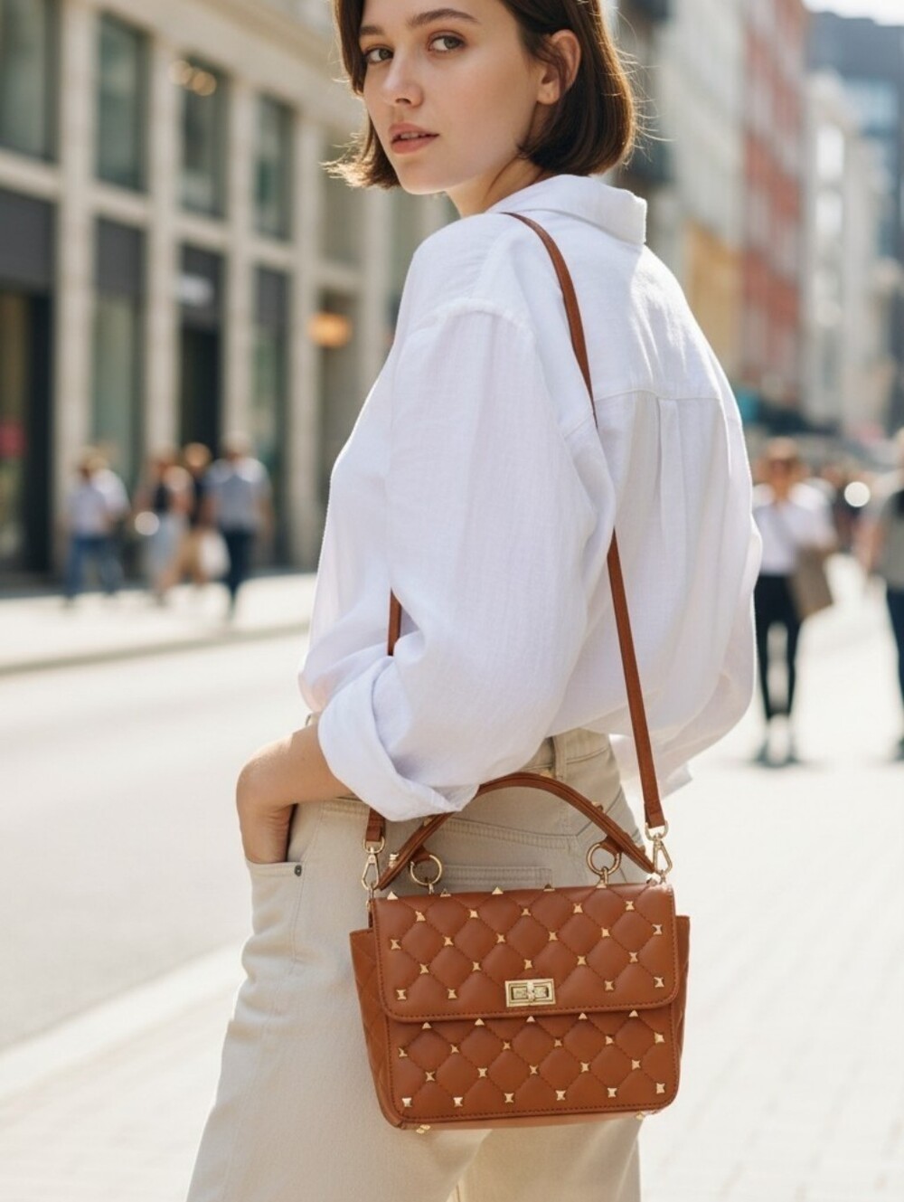 Studded Quilted Mini Satchel in Tan